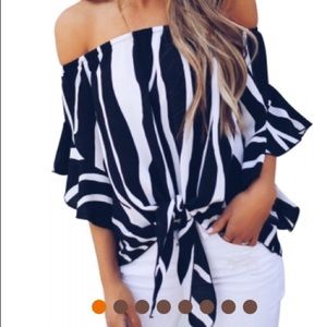 Off the Shoulder Vertical Stripes Blue